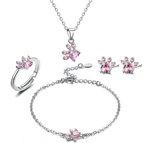 Set di Gioielli a Forma di Zampa per Donne – Oro Rosa con Cuore in Zirconia