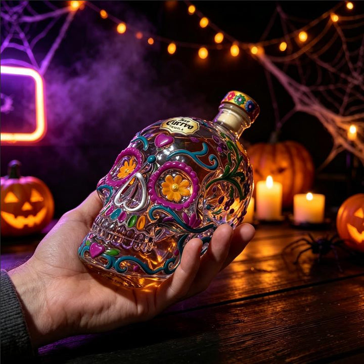 Set di Bottiglia di Liquore e Bicchiere a Forma di Teschio Soffiato a Mano