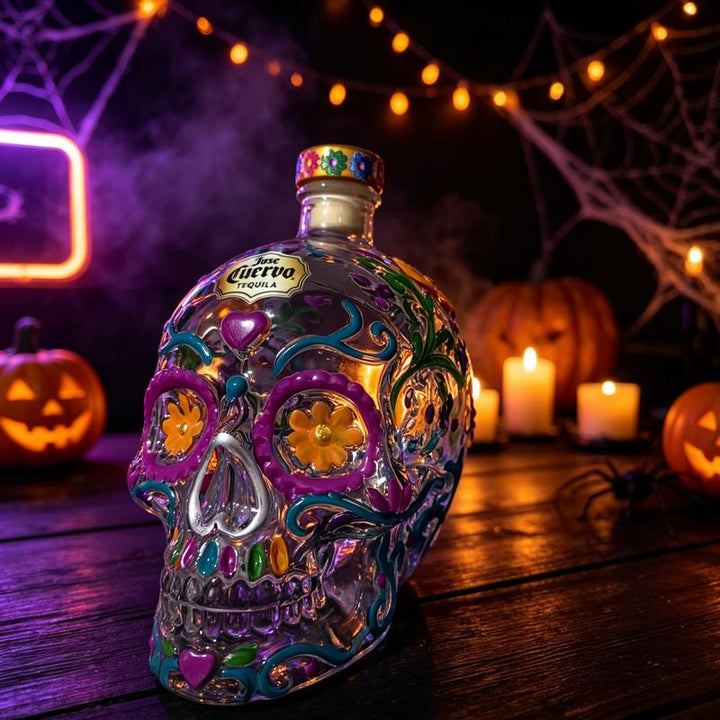Set di Bottiglia di Liquore e Bicchiere a Forma di Teschio Soffiato a Mano