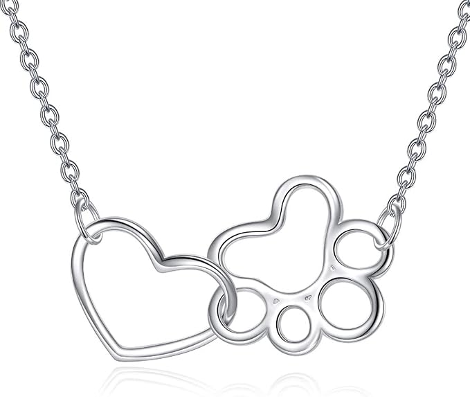 Collana in Argento Sterling con Stampa di Zampa - Pendente a Cuore con Cristallo e Zampa di Cane
