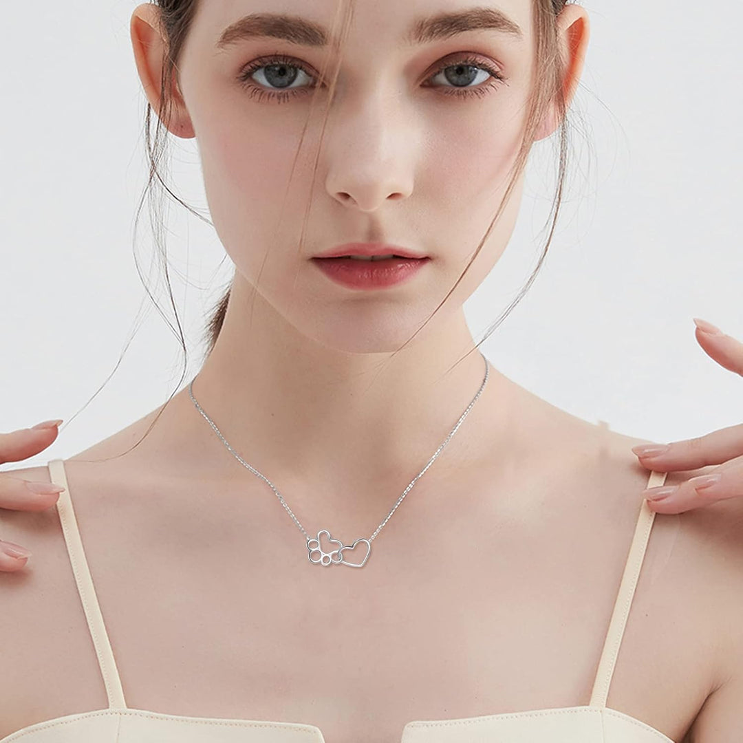Collana in Argento Sterling con Stampa di Zampa - Pendente a Cuore con Cristallo e Zampa di Cane