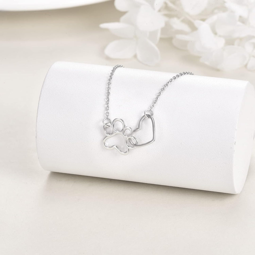 Collana in Argento Sterling con Stampa di Zampa - Pendente a Cuore con Cristallo e Zampa di Cane