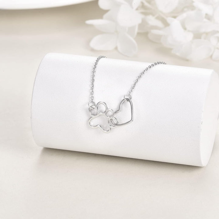 Collana in Argento Sterling con Stampa di Zampa - Pendente a Cuore con Cristallo e Zampa di Cane