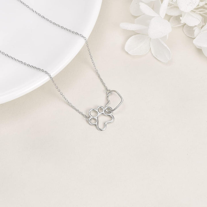 Collana in Argento Sterling con Stampa di Zampa - Pendente a Cuore con Cristallo e Zampa di Cane