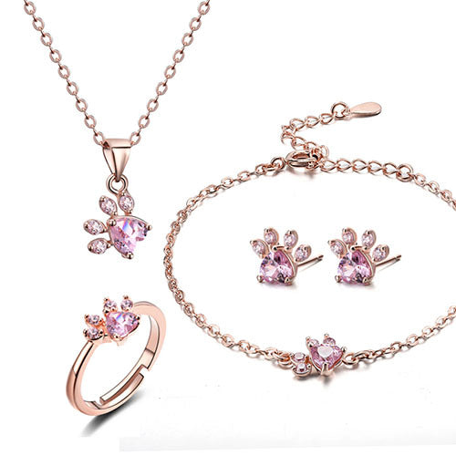 Set di Gioielli a Forma di Zampa per Donne – Oro Rosa con Cuore in Zirconia