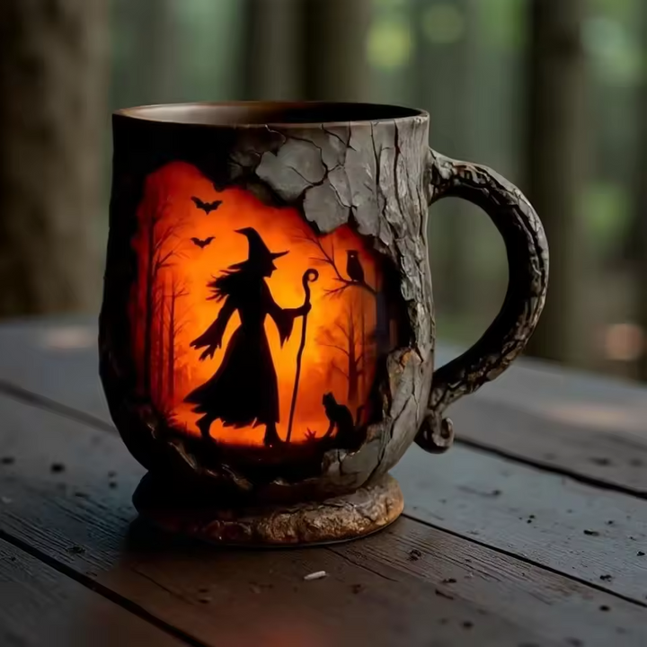 Tazza di Halloween Embossed Fatta a Mano – Design di Strega e Gatto