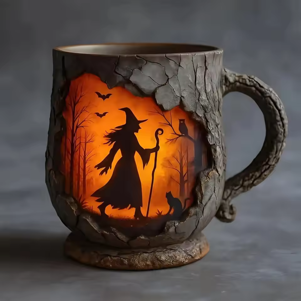 Tazza di Halloween Embossed Fatta a Mano – Design di Strega e Gatto
