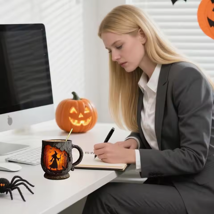Tazza di Halloween Embossed Fatta a Mano – Design di Strega e Gatto