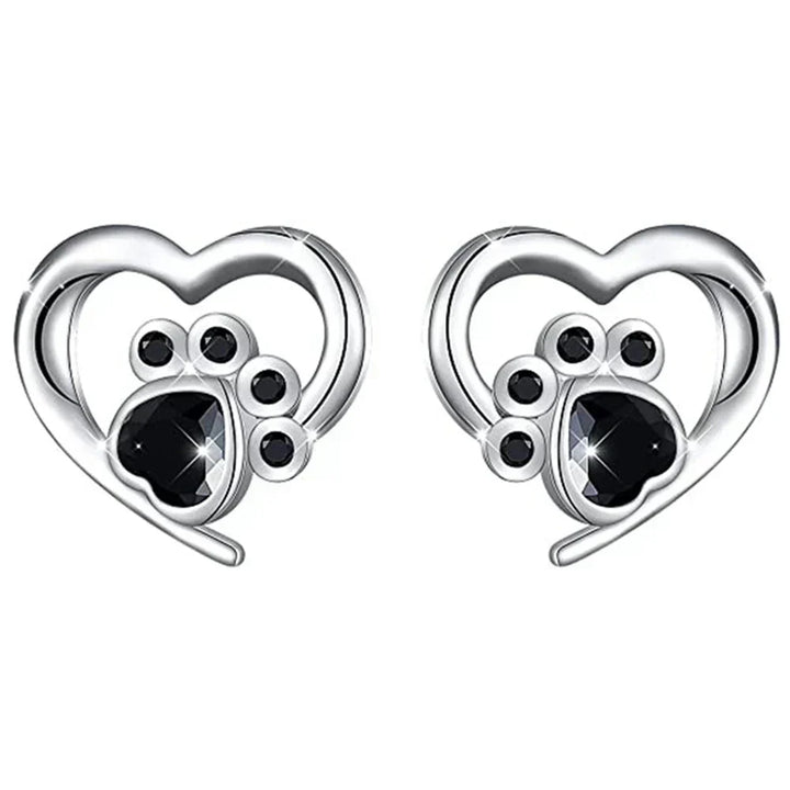 Orecchini a Bottone a Forma di Cuore e Zampa – Color Argento con Cristallo Nero