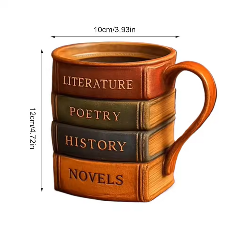 Tazza da Caffè 3D Fatta a Mano – Tema Biblioteca, Rifugio del Lettore