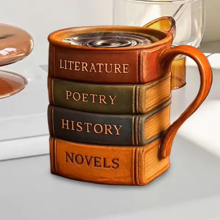 Tazza da Caffè 3D Fatta a Mano – Tema Biblioteca, Rifugio del Lettore