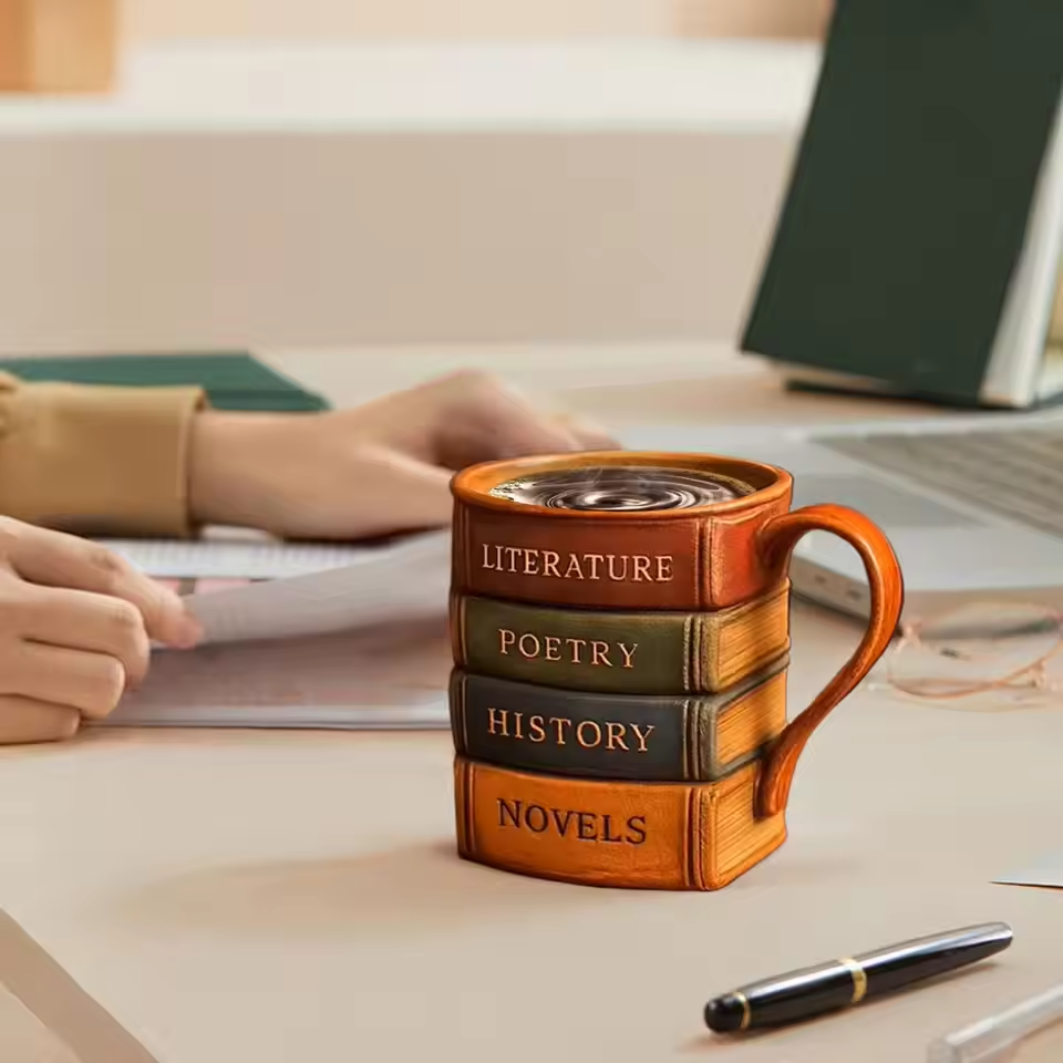 Tazza da Caffè 3D Fatta a Mano – Tema Biblioteca, Rifugio del Lettore