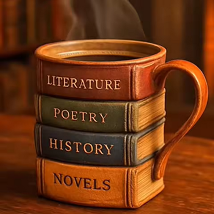 Tazza da Caffè 3D Fatta a Mano – Tema Biblioteca, Rifugio del Lettore