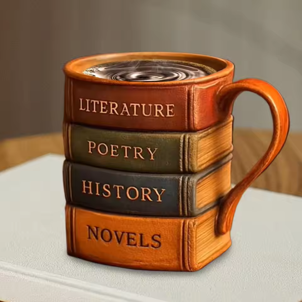 Tazza da Caffè 3D Fatta a Mano – Tema Biblioteca, Rifugio del Lettore