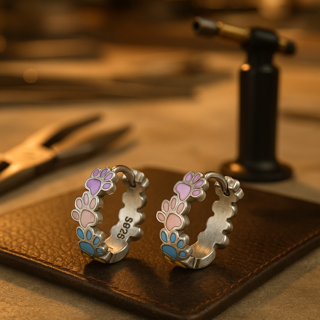 Orecchini a Cerchio con Zampa Colorata in Argento Sterling