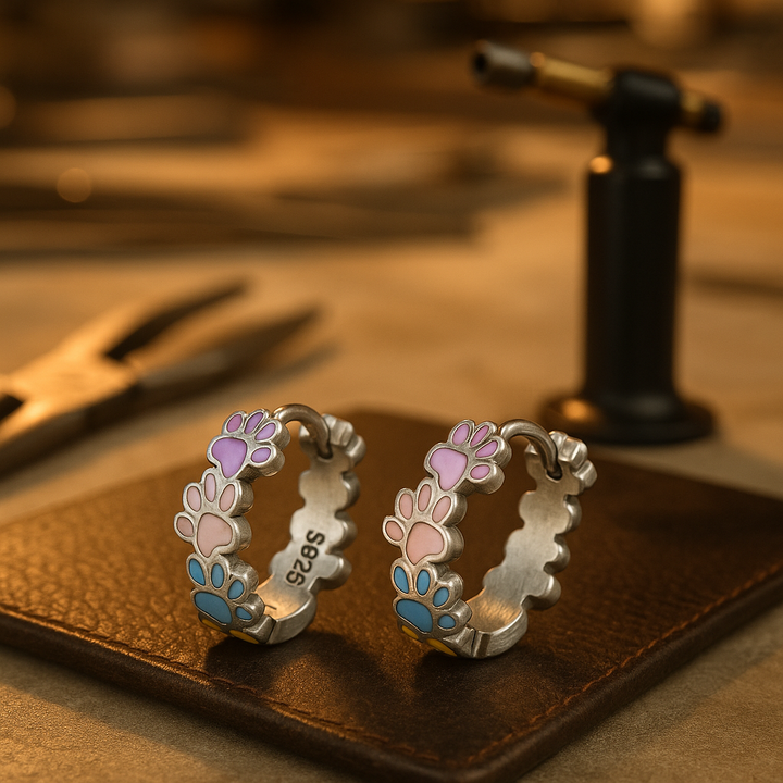 Orecchini a Cerchio con Zampa Colorata in Argento Sterling