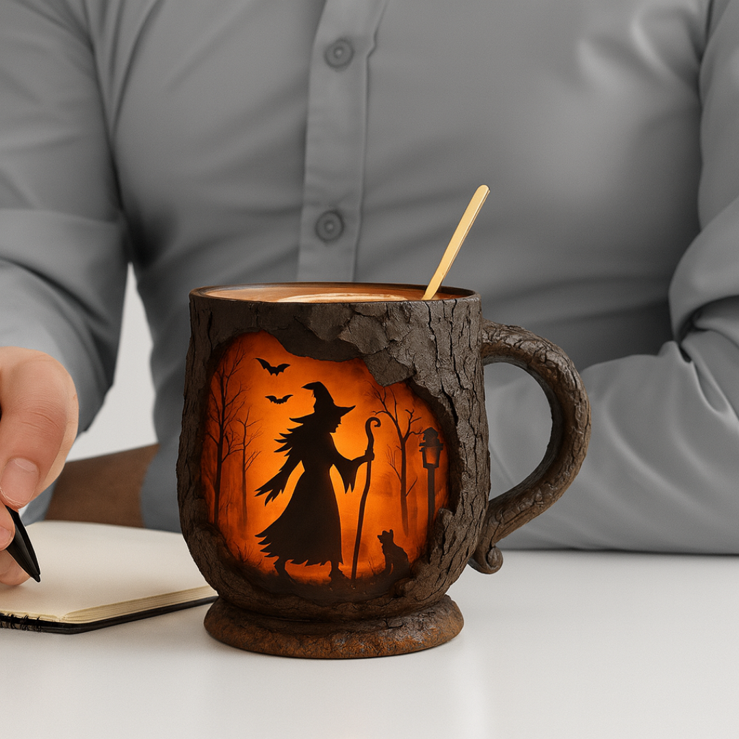 Tazza di Halloween Embossed Fatta a Mano – Design di Strega e Gatto
