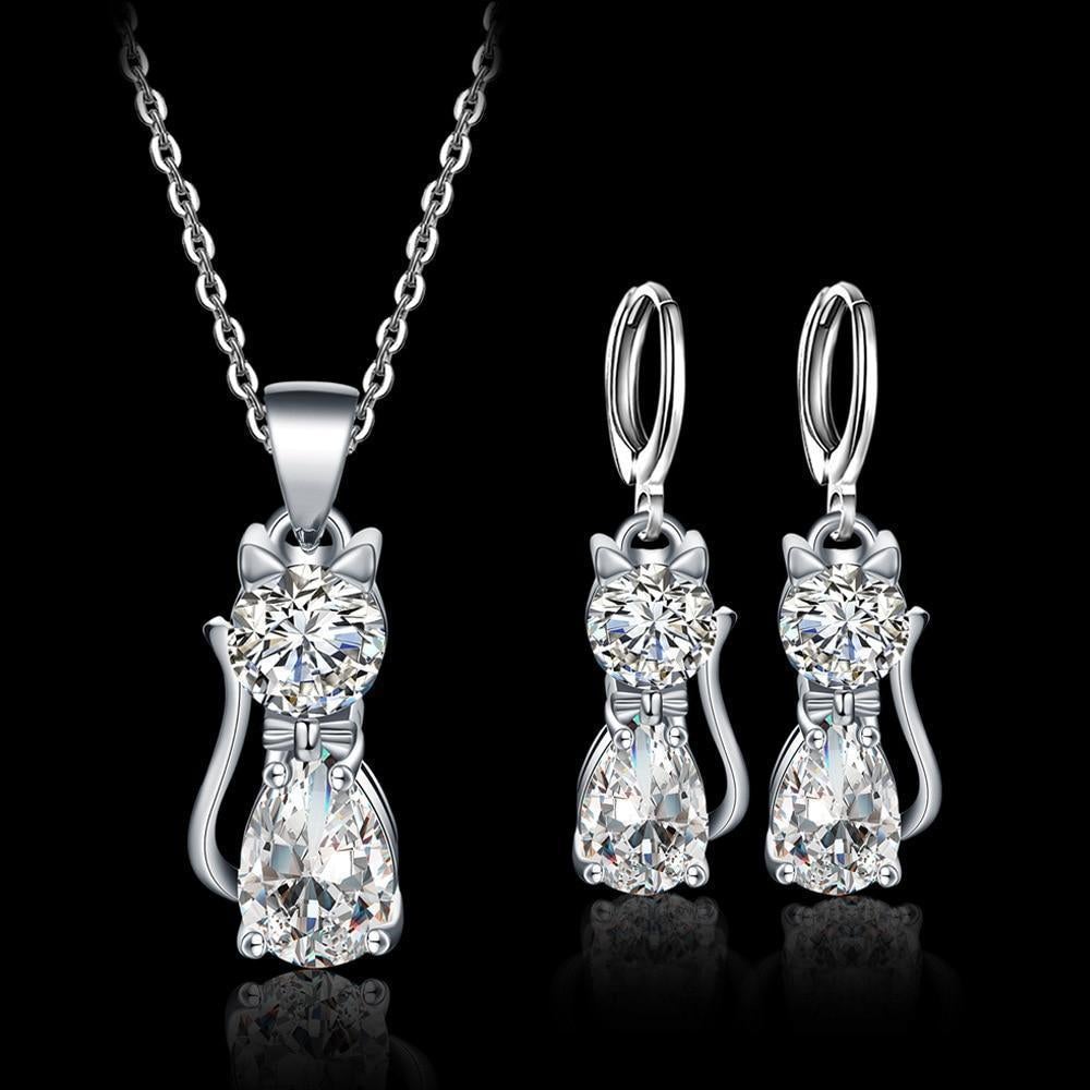 Collana e Orecchini "Gatti Felici" – Argento con Zirconia Lucida