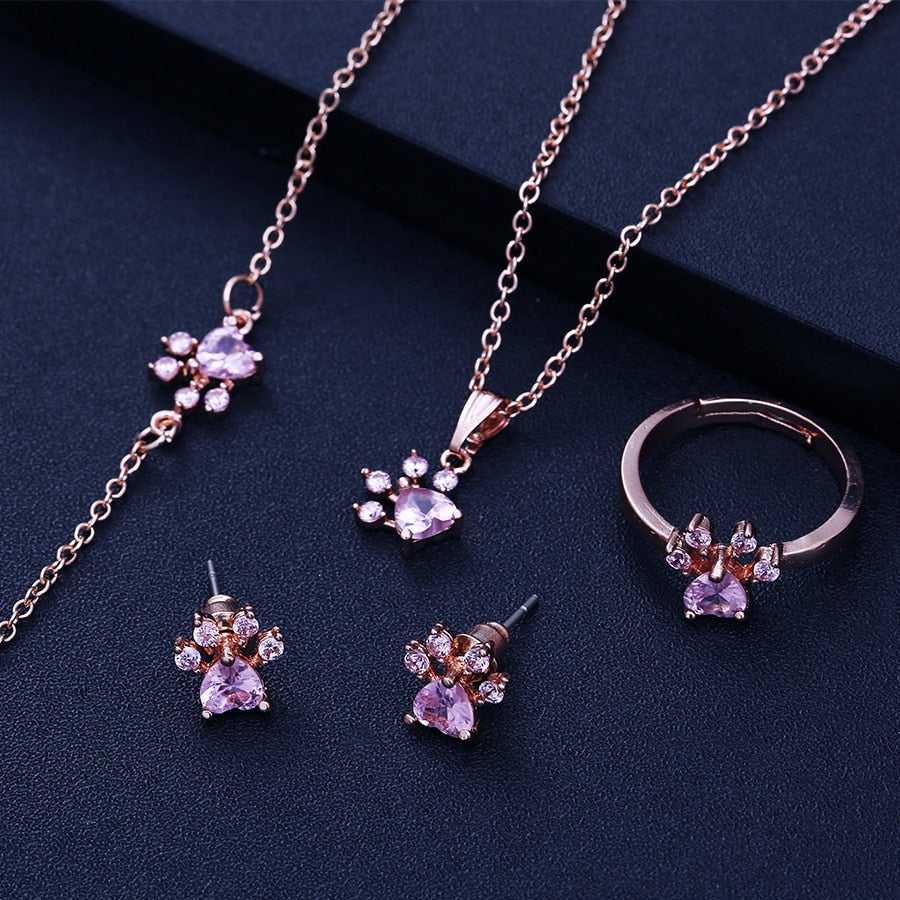 Set di Gioielli a Forma di Zampa per Donne – Oro Rosa con Cuore in Zirconia