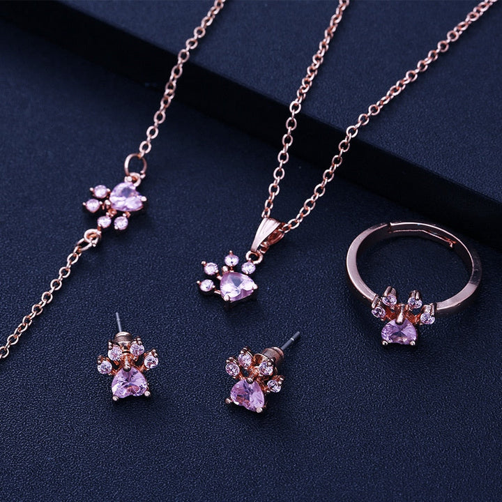 Set di Gioielli a Forma di Zampa per Donne – Oro Rosa con Cuore in Zirconia